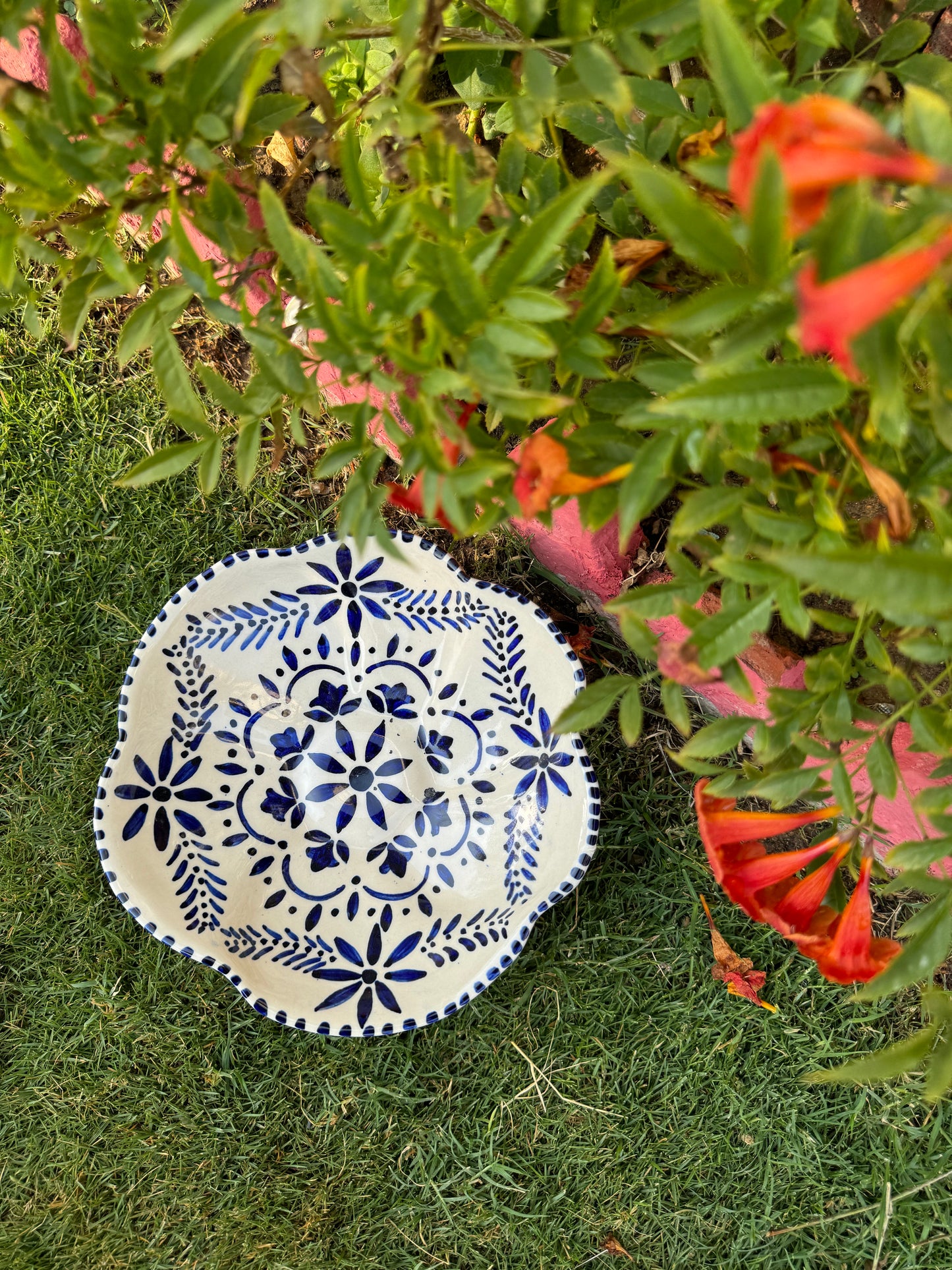 Flower Shaped Blue-Print Ceramic Bowl