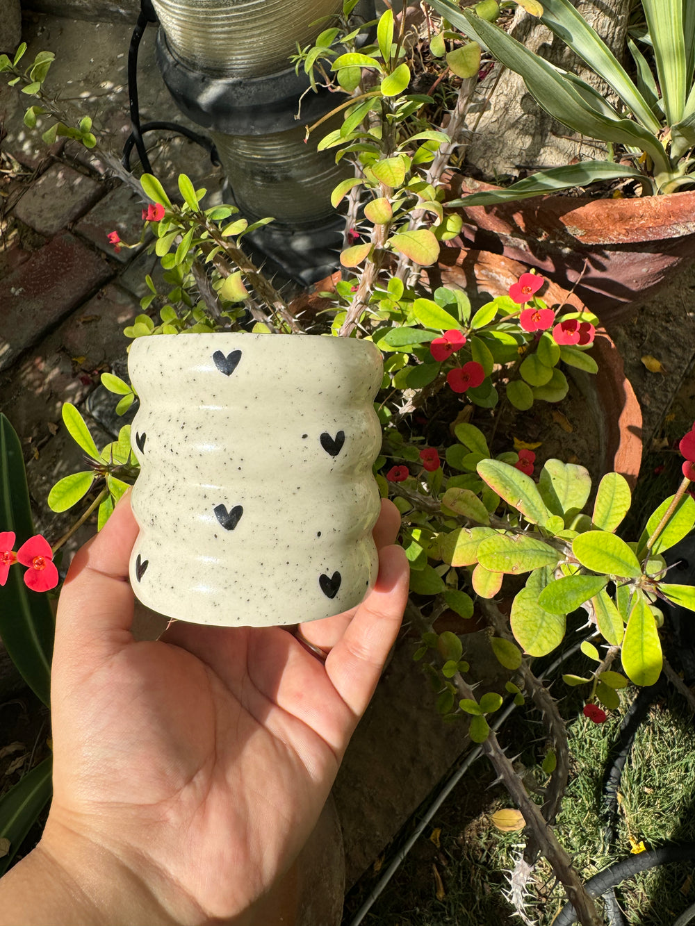Cute black hearts bubble mug, handmade hand-painted ceramic mug from Pakistan