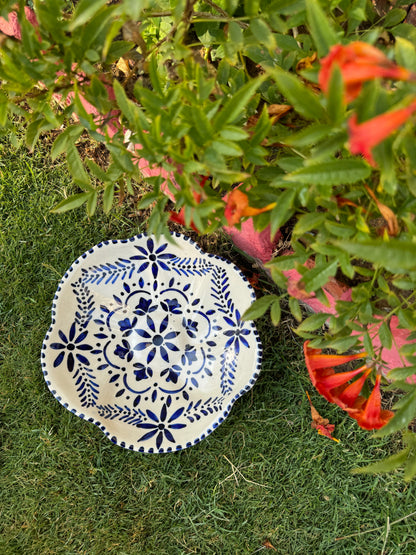 Flower Shaped Blue-Print Ceramic Bowl